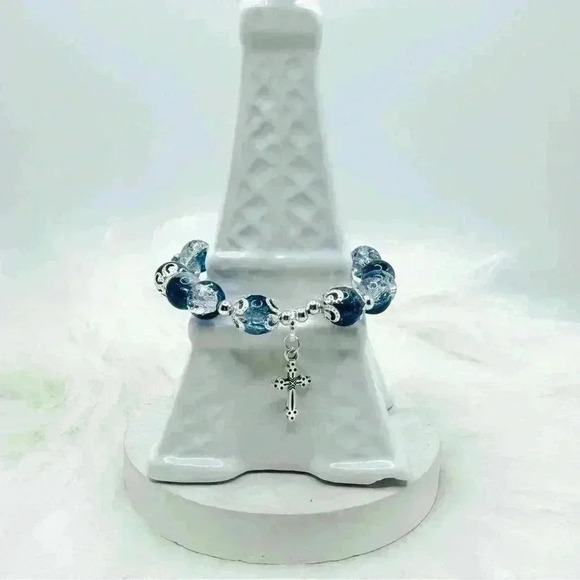 Sea Blue Gradient Beaded Cross Charm Bracelet - Picture 1 of 7